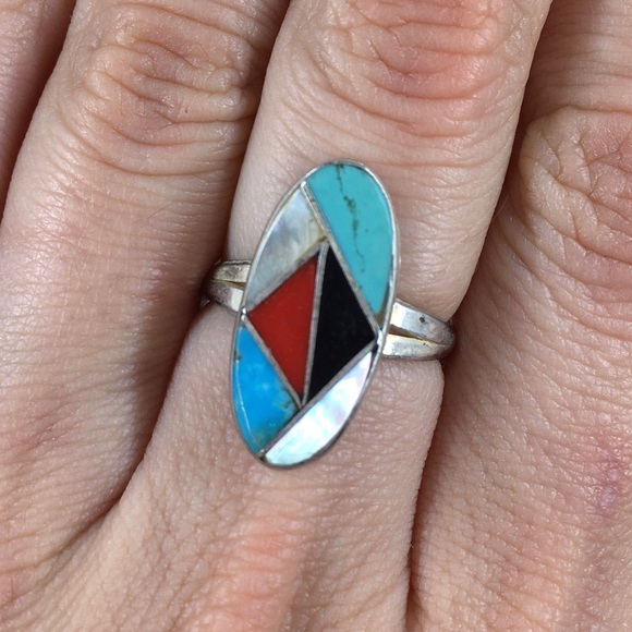 Sterling, Turquoise, Coral, MOP Onyx Ring - Picture 1 of 8